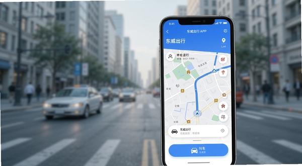 东威出行APP主界面预览图,展示地图导航与叫车功能,界面风格现代简约,背景为模糊的城市街道,前景为放大的手机屏幕显示应用界面,整体色调以蓝色和白色为主,光线明亮清晰
