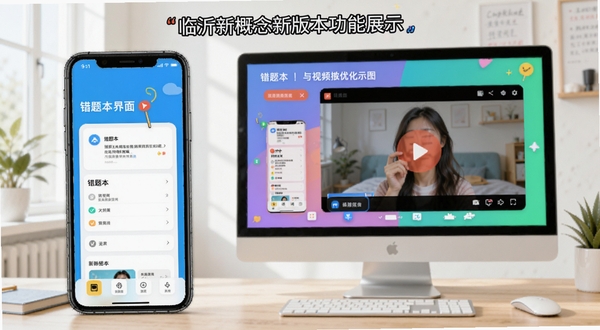 临沂新概念新版本功能展示,错题本界面与视频播放优化示意图,背景为手机与电脑同步显示,色调明快