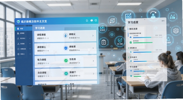 临沂新概念软件主界面预览图,展示课程列表与学习进度模块,背景为现代化教室与数字图标融合,整体色调清新明快,突出教育科技感