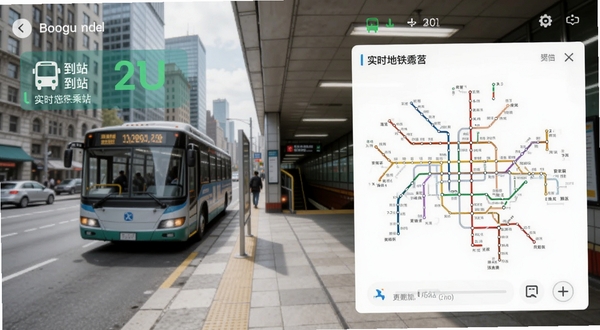 公交地铁乘行主界面预览图,显示实时公交到站信息与地铁线路图,界面简洁明亮,背景为城市街道与地铁站场景,整体风格现代清新,适配Boogu模型生成