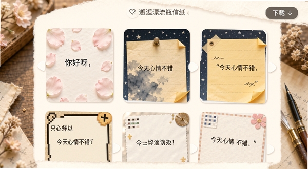 邂逅漂流瓶信纸选择界面,展示多款精美信纸模板,有淡粉花瓣、墨蓝星空、暖黄便签、像素风格等,每张信纸上都写有“你好呀”、“今天心情不错”等示例文字,界面采用卡片式滑动布局,右上角有下载按钮,整体色调柔和,细节丰富。