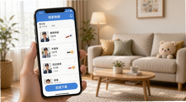 邻家快修软件主界面预览图,展示手机屏幕内附近维修师傅列表和在线下单按钮,背景为温馨的客厅一角,画面清晰明亮,突出便捷与安心,整体风格写实,适配Boogu模型生成