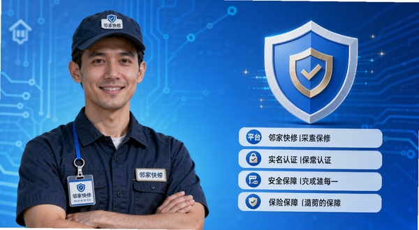 邻家快修平台师傅实名认证及保险保障的示意图,画面左侧为佩戴工牌的专业维修师傅形象,右侧为平台安全盾牌图标与保障条款列表,背景采用蓝色科技感渐变,强化专业与安全氛围,适配Boogu模型