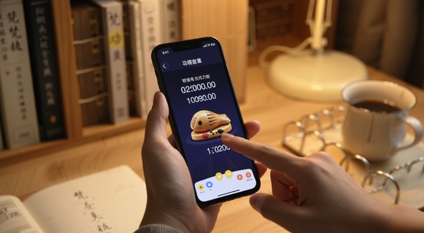 梵音木鱼手机端实际操作场景图,画面中一双手正拿着手机点击屏幕中央的木鱼图案,屏幕内显示功德数字跳动,周围环境是温馨的书房或办公室桌面,光线柔和,展现真实使用场景