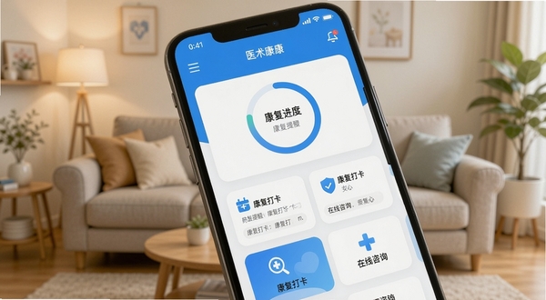 一张智能手机屏幕特写,屏幕上清晰展示医术康APP的主界面,界面以蓝白为主色调,顶部显示患者姓名与康复进度环,中部排列用药提醒、康复打卡、在线咨询等功能卡片,背景为温馨的家庭客厅环境,光线柔和,手机微微倾斜,画面主体突出,背景虚化,整体风格干净明亮,突出健康管理主题