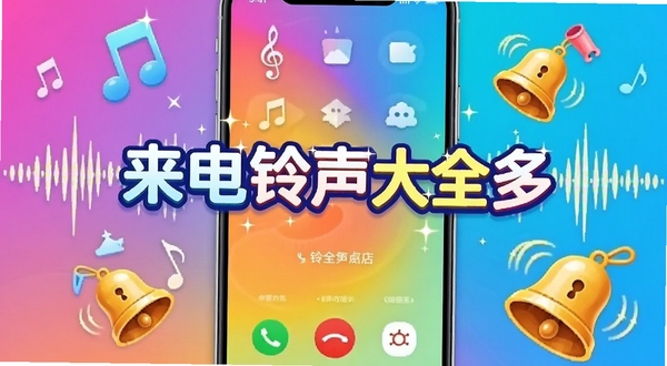 在一部现代智能手机的亮屏界面上,展示来电铃声大全多的主界面,背景为多彩渐变色,周围环绕着音符、声波和铃铛等元素,画面中央突出“来电铃声大全多”字样,风格活泼明亮,适合应用商店宣传图