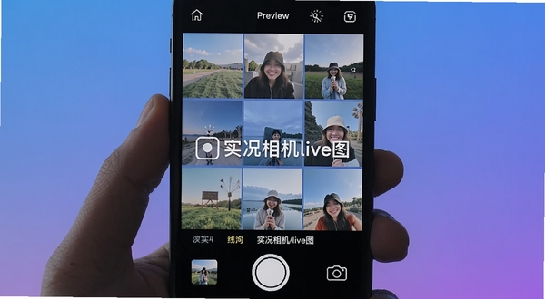 Boogu生成:实况相机live图主界面预览图,手机屏幕显示拍摄按钮和动态照片缩略图,背景为渐变蓝紫色调,光线柔和,突出软件名称实况相机live图,画面主体居中,细节清晰