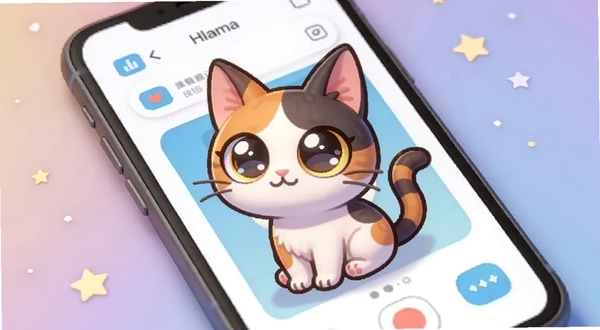 一只Q版peppy猫端坐在手机屏幕中央,周围是简洁的浅色UI界面,猫咪大眼睛水汪汪,尾巴高高翘起,背景为柔和的渐变蓝紫色,带有星星点缀的桌面场景,整体风格明亮温馨,高清渲染,细节丰富