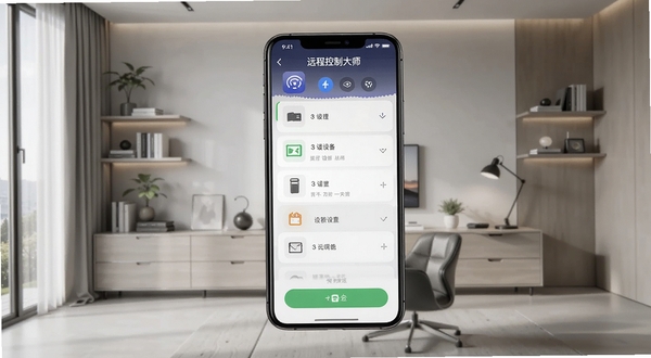 远程控制大师app主界面手机屏幕展示,背景为现代简约书房,画面主体为一部亮屏智能手机显示远程控制大师的操作面板,包含设备列表和连接按钮,画面风格清晰明亮,细节丰富
