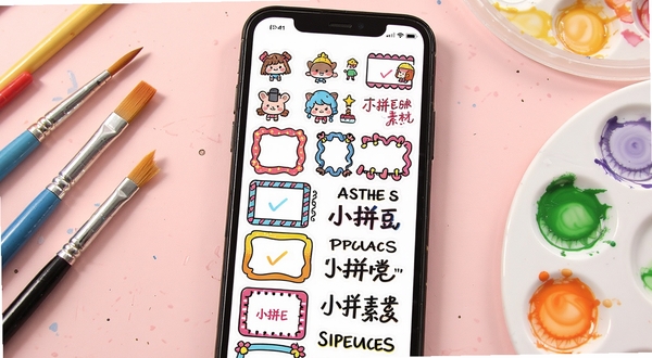 小拼豆特色素材库展示,手机屏幕中展示大量卡通贴纸、ins风边框和手写字体,排列整齐,色彩鲜艳,背景为浅粉色工作台,旁边散落着画笔和调色板,体现丰富的创意资源,画面明亮高清,16:9构图