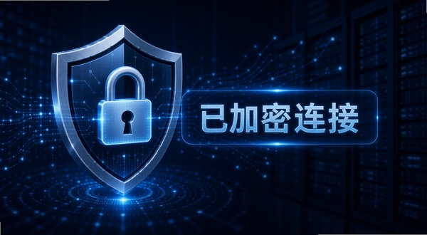 远程控制大师安全加密示意图,画面显示盾牌图标与加密锁头元素,背景为深蓝色数据流动线条,中央浮现“已加密连接”字样,整体风格沉稳科技感,突出安全可靠的产品特性