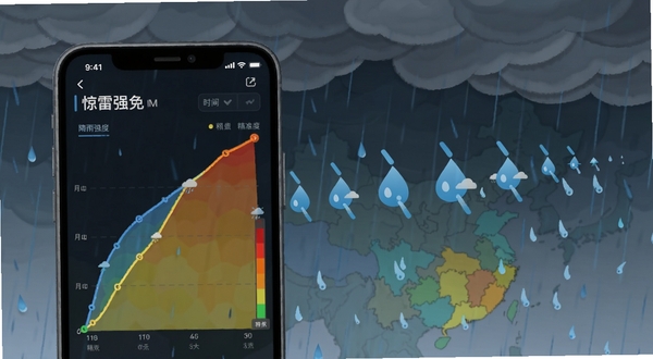 一张惊雷气象应用分钟级降雨预报功能的界面截图风格插画,画面展示手机中降雨强度随时间变化的动态曲线与地图色块,雨滴图标由小变大再变小,背景为阴沉云层与雨丝,色彩对比鲜明,突出精准预报的技术优势