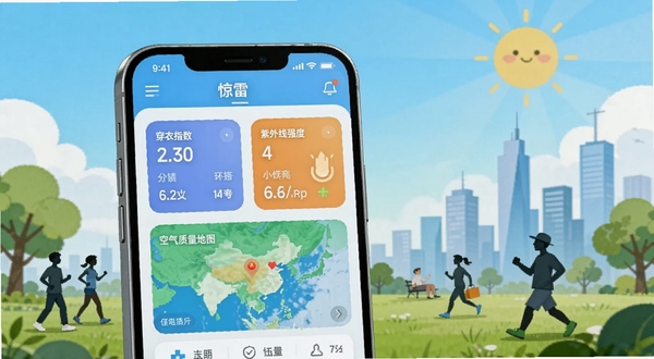 展示惊雷气象应用内生活指数与空气质量模块的界面插画,手机屏幕中显示穿衣指数、紫外线强度、空气质量地图等彩色卡片,背景为晴空与城市天际线,色调清新自然,人物剪影在公园中活动,体现健康生活理念