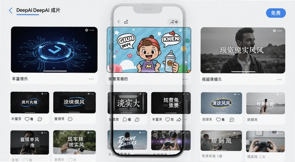 DeepAI成片免费内置的多种视频模板选择界面,手机屏幕中展示不同风格模板的缩略图,包括科技感、卡通风与写实风,背景为浅灰色,界面布局整齐,突出丰富性与易用性