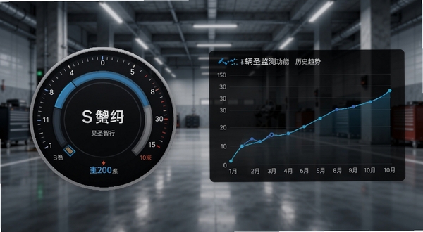 昊圣智行车辆监测功能截图,左侧为仪表盘风格的数据圆环,右侧为历史趋势折线图,背景为车库场景,画面强调数据可视化与清晰易读性