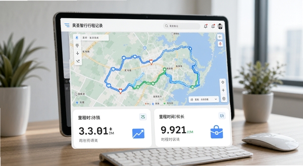 昊圣智行行程记录界面,上方为地图轨迹线条,下方为里程与时长统计卡片,背景为办公室桌面场景,画面风格清爽,突出数据整理与导出功能