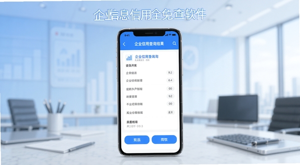企业信息信用全免查软件主界面展示,手机屏幕显示企业信用查询结果页面,背景为浅蓝色渐变商务风格,手机居中,细节清晰,整体明亮,适合应用商店宣传图