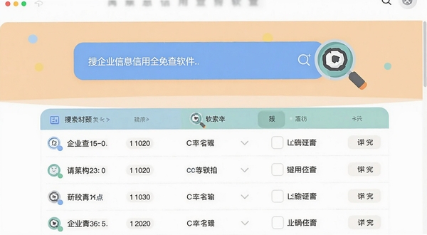 企业信息信用全免查软件的查询输入界面,搜索框醒目,下方显示企业列表,背景干净整洁,配有放大镜图标,扁平化设计风格,色彩柔和