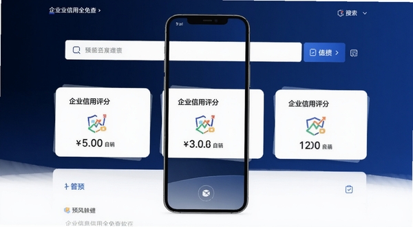 企业信息信用全免查软件界面预览图,展示首页搜索框与企业信用评分卡片,背景为深蓝色渐变,图标简洁现代,整体风格商务专业,适配手机竖屏显示