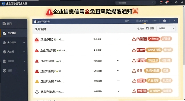 企业信息信用全免查风险提醒通知界面预览,展示企业风险列表与预警标签,红色警示图标突出显示,背景为淡黄色,界面设计强调警示效果,信息层次分明