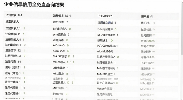 企业信息信用全免查查询结果界面截图,显示企业工商信息详情列表,包括法定代表人、注册资本等字段,界面简洁,数据排列整齐,背景为白色,突出文字信息