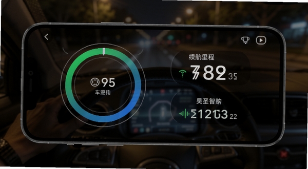昊圣智行车辆状态界面截图风格图,手机屏幕内显示环形电量图表、续航里程数字、胎压数值,背景为模糊的夜晚骑行场景,灯光柔和,数据高亮显示,科技感与实用性结合,Boogu模型生成