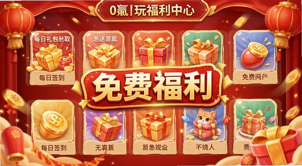 0氪手游玩福利中心界面,展示每日签到、礼包领取等图标,背景为喜庆的红色与金色搭配,画面充满奖励氛围,突出“免费福利”