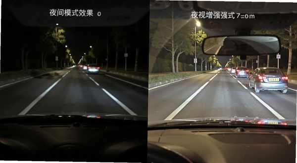 免费手机行车录像夜间录制效果对比图,左侧为普通模式画面昏暗,右侧为夜视增强模式画面明亮清晰,道路细节与前方车牌可见,风格写实对比鲜明