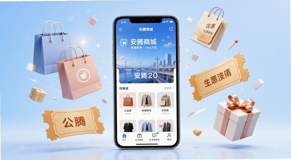 安腾商城宣传主图,画面中央是一部手机屏幕展示安腾商城APP首页,周围漂浮着购物袋、优惠券、礼盒等元素,背景为柔和的渐变蓝色,整体风格明亮现代,突出便捷购物与生活服务主题,画面细节丰富,适合应用商店截图展示