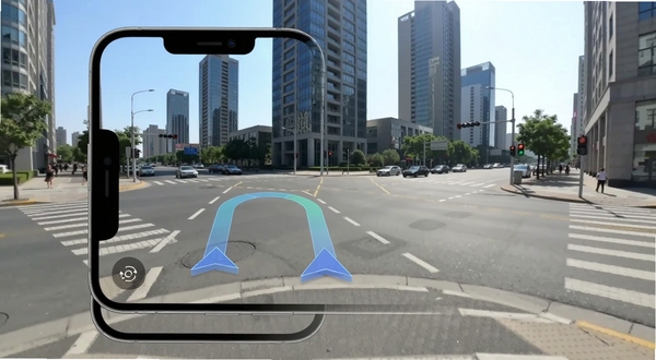 智选精准实景导航主界面示意图,手机屏幕显示摄像头实景道路与半透明导航箭头叠加,背景为城市十字路口与高楼,光线明亮清晰,AR导航风格,界面简洁现代,高分辨率,真实感