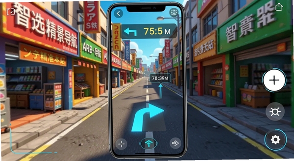 智选精准实景导航AR实景模式界面,前方道路画面中悬浮着转向箭头与距离米数标签,街道两旁有商店招牌,手机屏幕界面,科技感UI设计,色彩鲜艳,细节清晰,竖屏手机壁纸风格