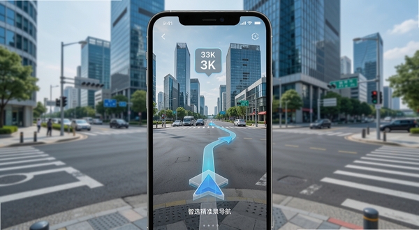 智选精准实景导航在城市街道实景画面上叠加半透明导航箭头与距离提示,手机界面风格,画面明亮清晰,背景为现代化城市建筑与路口,前景是手机屏幕特写,整体色调清爽,科技感十足,竖版构图,细节丰富,4k高清