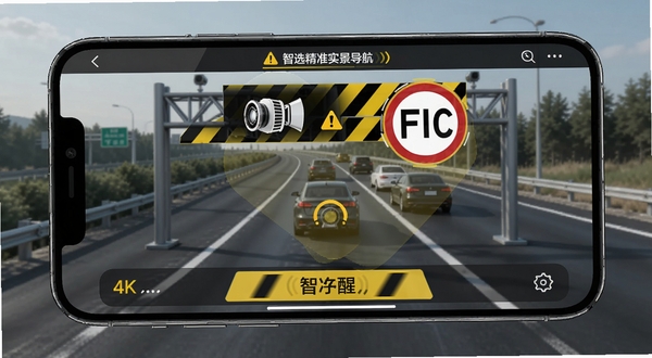 智选精准实景导航电子眼提醒界面,前方道路上方虚拟显示测速相机图标与限速标志,手机屏幕界面,背景为高速公路场景,UI警示配色,黄色与黑色搭配,清晰醒目,科技感,4k画质