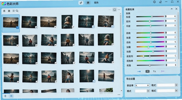色彩大师软件界面截图,显示批量处理功能,界面左侧为图片列表缩略图,多张图片被勾选,右侧显示统一的调色参数面板,底部有导出设置选项,包含分辨率和格式选择,背景为浅蓝色科技感界面,整体风格简洁明了,突出高效工作场景,图片清晰展示色彩大师软件名称。
