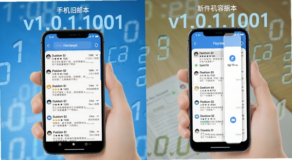 手机电子邮箱邮件版本更新内容示意图,画面采用分屏设计,左侧显示旧版本卡顿的邮件列表,右侧显示新版本流畅的滑动效果,背景有版本号v1.0.1.1001的科技感数字特效,整体风格明亮清晰