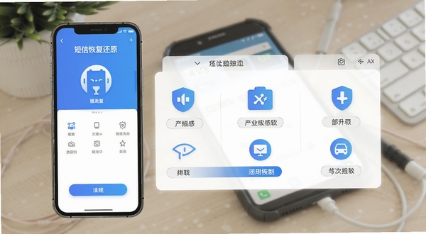 短信恢复还原软件主界面预览图,展示简洁的操作面板,背景为手机数据恢复场景,图标醒目,整体色调以蓝色和白色为主,风格现代清晰