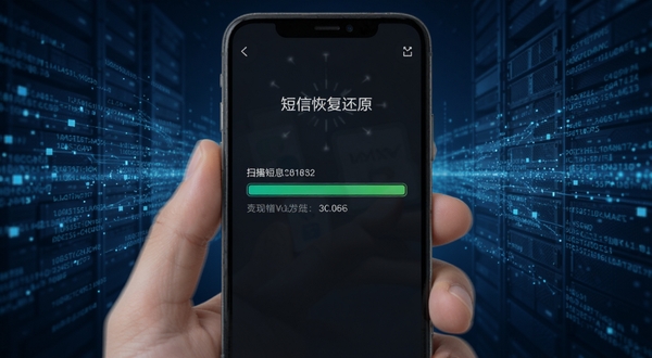短信恢复还原正在扫描手机数据库的界面,显示扫描进度条和已发现短信数量,背景有数据流动的特效,突出深度扫描功能
