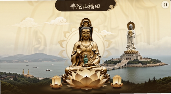 普陀山福田应用主界面预览图,画面中央展示庄严的观音圣像与莲花灯,背景为普陀山南海观音道场全景,界面风格清净素雅,以米黄与深棕为主色调,顶部有应用名称普陀山福田,整体氛围宁静祥和,适合佛教类应用封面展示