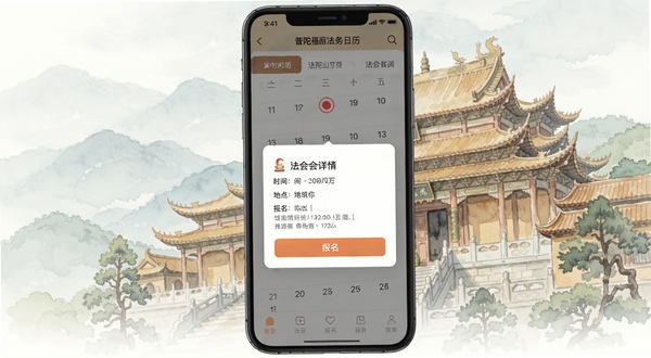 普陀山福田法务日历界面,画面展示手机应用内日历视图,某日期标注有红色法会圆点,点击后弹出法会详情卡片,包含时间、地点、报名按钮,背景为普陀山寺庙建筑淡雅水彩画风格,色调柔和,信息清晰易读