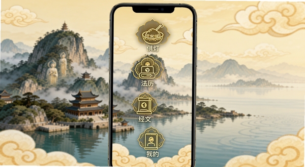 普陀山福田应用功能展示图,采用手机竖向排列展示四个核心功能图标:供灯、法历、经文、我的,背景为普陀山山水画与祥云,图标风格统一为金色线描,整体色调温暖,突出佛教应用的专业性