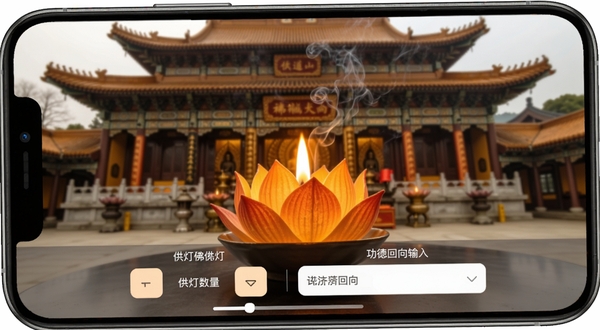 普陀山福田供灯功能界面截图,画面显示手机屏幕内有一盏正在燃烧的莲花灯,背景是普陀山寺庙大殿,灯光暖黄,烟雾缭绕,屏幕下方有供灯数量选择与功德回向输入框,整体界面简洁清晰,突出佛前供灯的殊胜场景