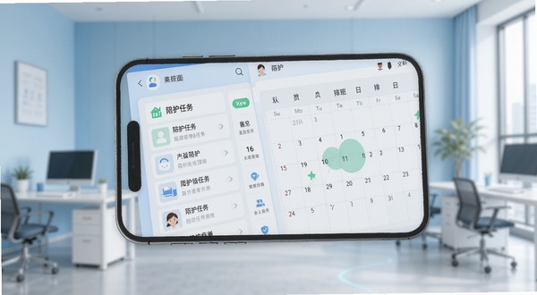 陪护管理端软件主界面展示,手机屏幕内显示陪护任务列表与人员排班日历,背景为现代简约的办公环境,浅蓝色调,界面风格清晰明亮,前景聚焦应用UI细节,科技感与人文关怀结合,适配Boogu模型生成