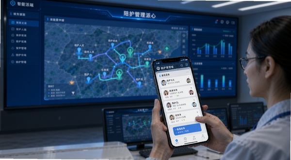 陪护管理端智能派单界面,地图上显示陪护人员位置分布与任务路线,调度员正在手机上进行一键派单操作,画面包含多个任务卡片与人员头像,背景为调度中心大屏幕,科技蓝主色调,清晰展示数据可视化界面,适配Boogu模型生成