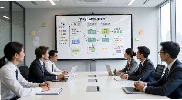 常治慧任务协同与闭环流程图,展示多部门协作与状态流转,背景为办公会议场景,突出任务看板与进度跟踪,视觉风格清晰直观