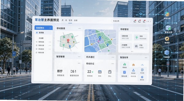 常治慧主界面预览图,展示功能模块清晰排列,背景为现代化城市街道与网格管理元素,整体界面简洁明亮,突出移动办公与智慧治理主题