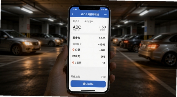 ABC代驾费用明细页面,手机屏幕显示起步价、每公里单价、时长费列表,底部有预估总价与“确认叫车”按钮,背景为夜间停车场,车辆灯光柔和,界面数据清晰,突出透明消费理念。
