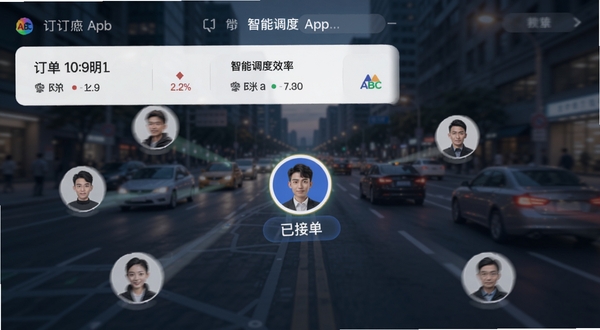 ABC代驾App的派单界面截图风格,地图上多个司机头像快速移动,一个司机头像被高亮标记并显示“已接单”字样,顶部有倒计时与订单信息卡片,背景为模糊的城市街道,突出智能调度与效率感,UI设计简洁现代。