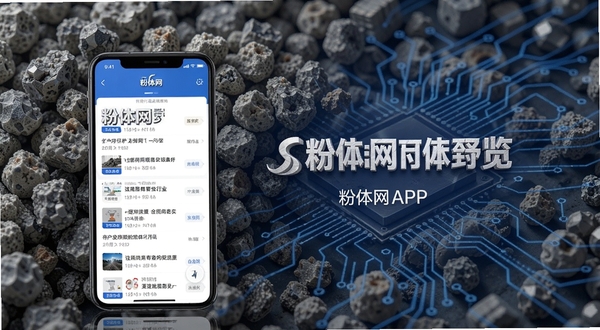 粉体网APP开屏预览图,画面主体为手机界面展示粉体行业新闻资讯列表,背景为抽象的颗粒状工业材质与蓝色科技线条融合,整体风格专业现代,突出信息聚合与科技感,画质高清,界面UI清晰,包含粉体网LOGO