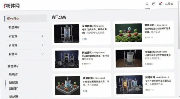 粉体网软件资讯分类界面截图,左侧显示细分行业列表如非金属矿、新能源,右侧展示图文新闻卡片,背景采用浅灰色与白色搭配的简洁商务风格,突出信息分类清晰与阅读的舒适性,包含粉体网字样