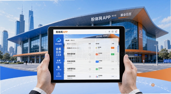 粉体网APP会展日历功能示意图,画面主体为一个平板电脑显示展会日程列表,背景为城市会展中心外观,整体色调为蓝色与橙色搭配,风格明亮清晰,突出商务出行与日程管理概念,包含粉体网界面元素